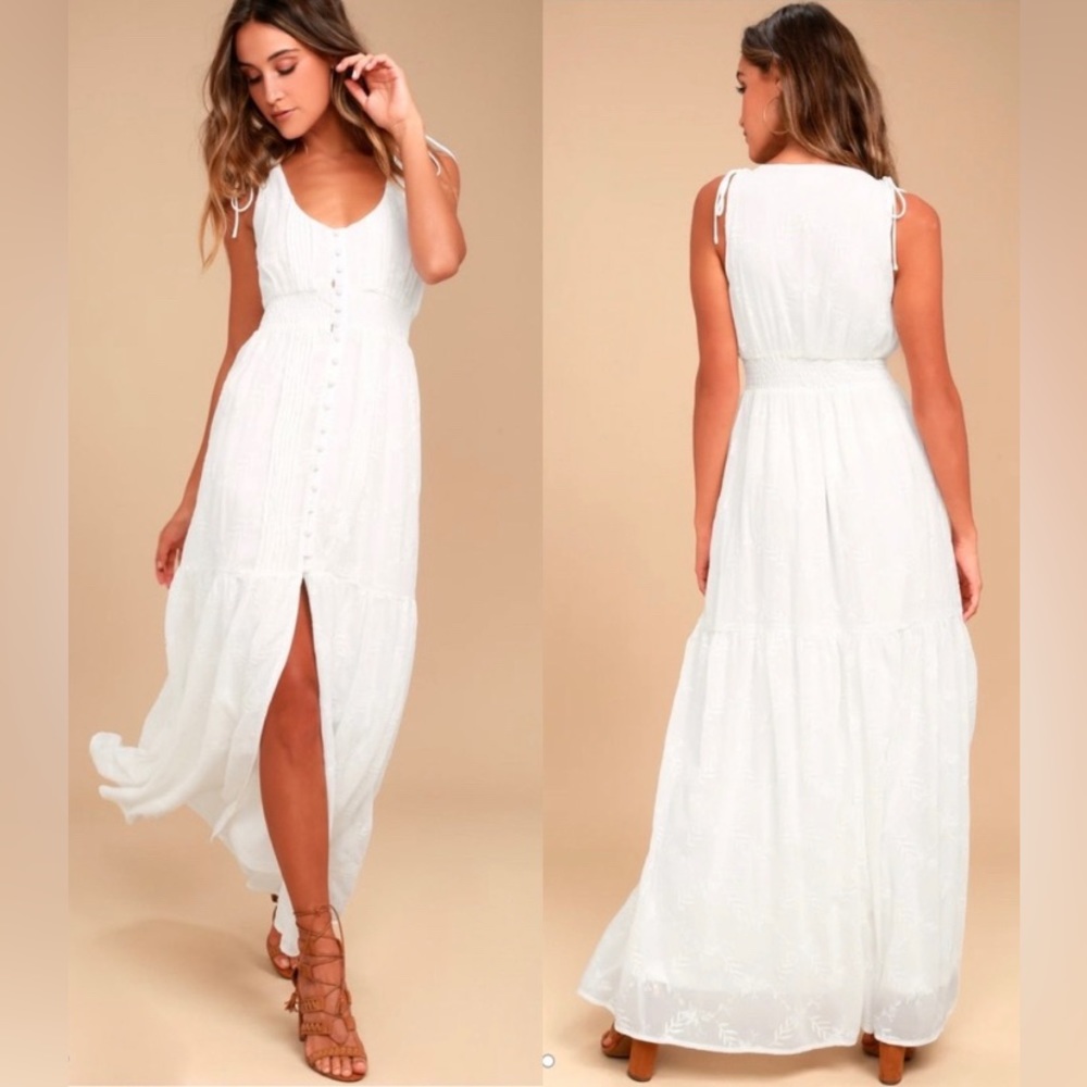 Lulus Time Well Spent White Embroidered Maxi Dress M